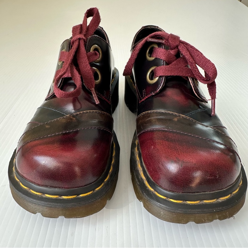 Dr. Martens Burgundy Red Platform Shoes with Yellow Stitching - Picture 12 of 15
